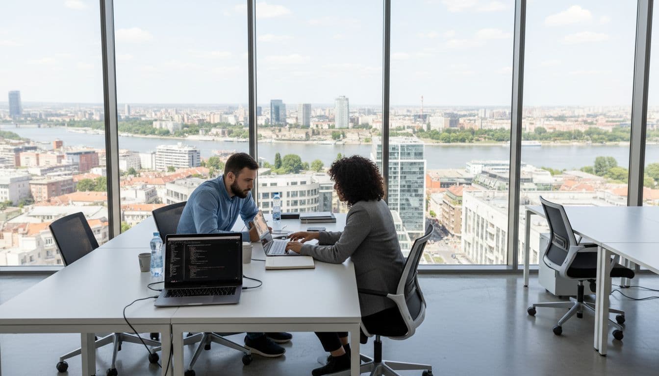 Modern Belgrade office with two diverse software developers, one man and one woman, collaborating on laptops amid natural daylight and city skyline views, highlighting Serbia's tech talent hub.