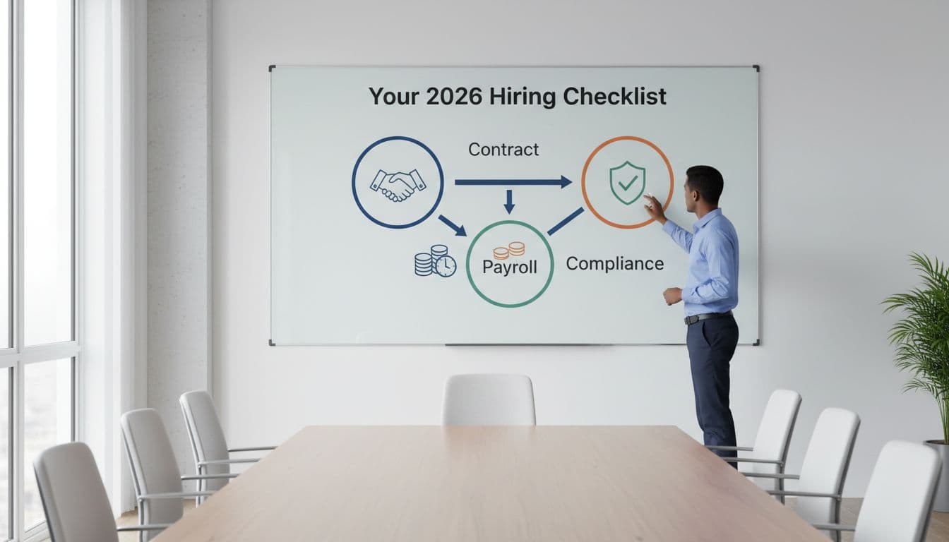 A business person points to a checklist flowchart on a whiteboard in a bright conference room, featuring simple icons for steps like contract, payroll, and compliance in a clean modern landscape style.