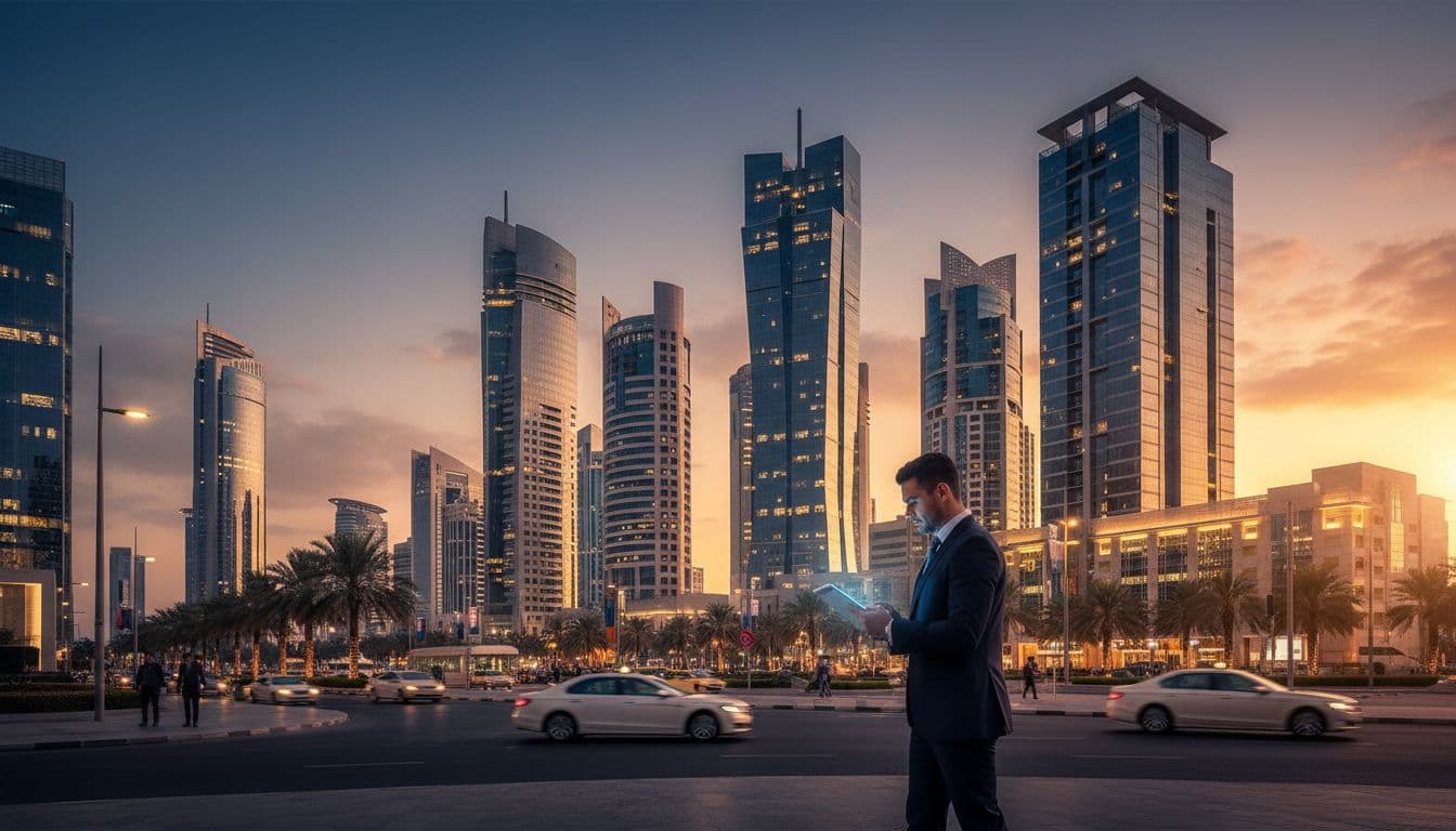 The modern skyline of Bahrain's Manama financial district at dusk, with towers glowing in warm golden light and a single business professional walking below holding a tablet.