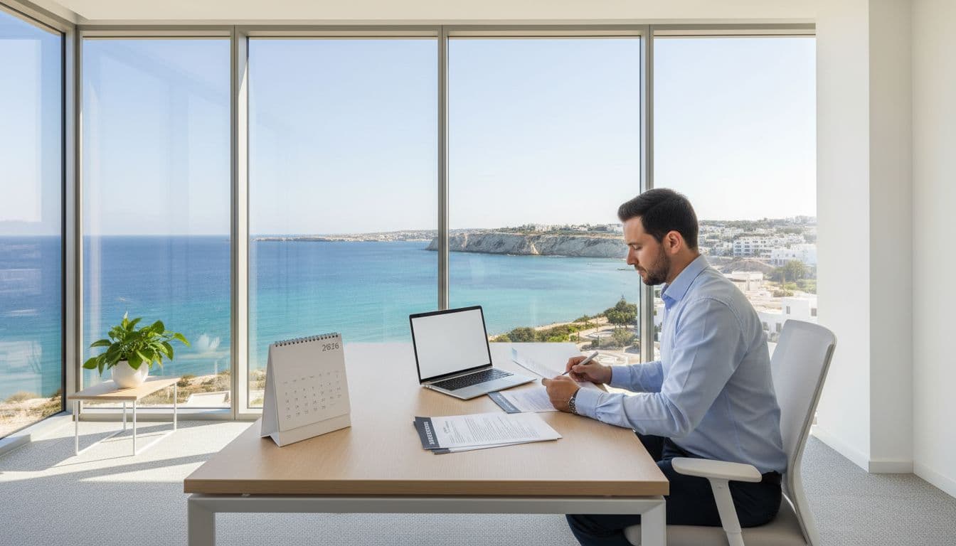 A clean modern professional workspace in Cyprus features a desk with laptop, employment contract papers, and a 2026 calendar, with one person reviewing documents under natural daylight and a scenic Mediterranean view through the window.