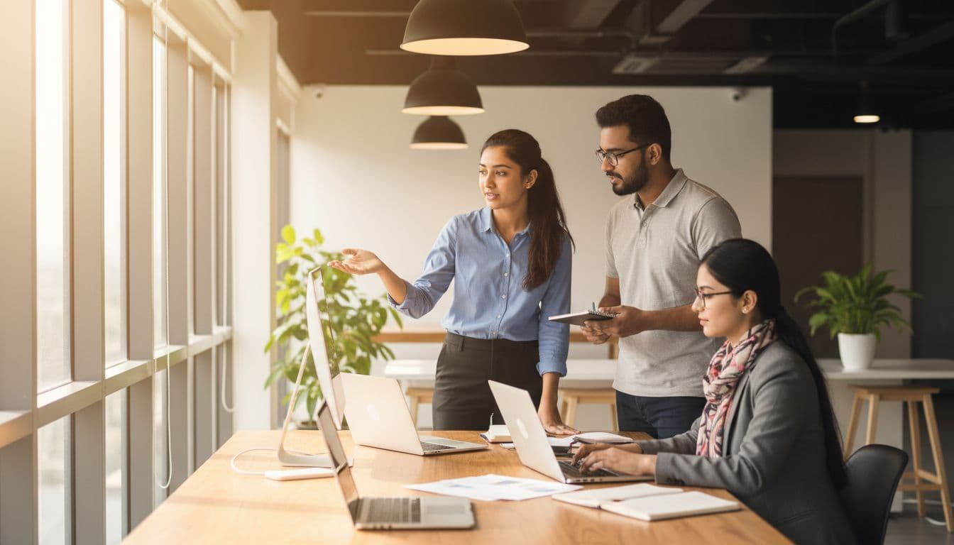A professional team of diverse young software developers collaborates in a modern open office in Dhaka, Bangladesh, around a shared table with laptops and notebooks under natural daylight.