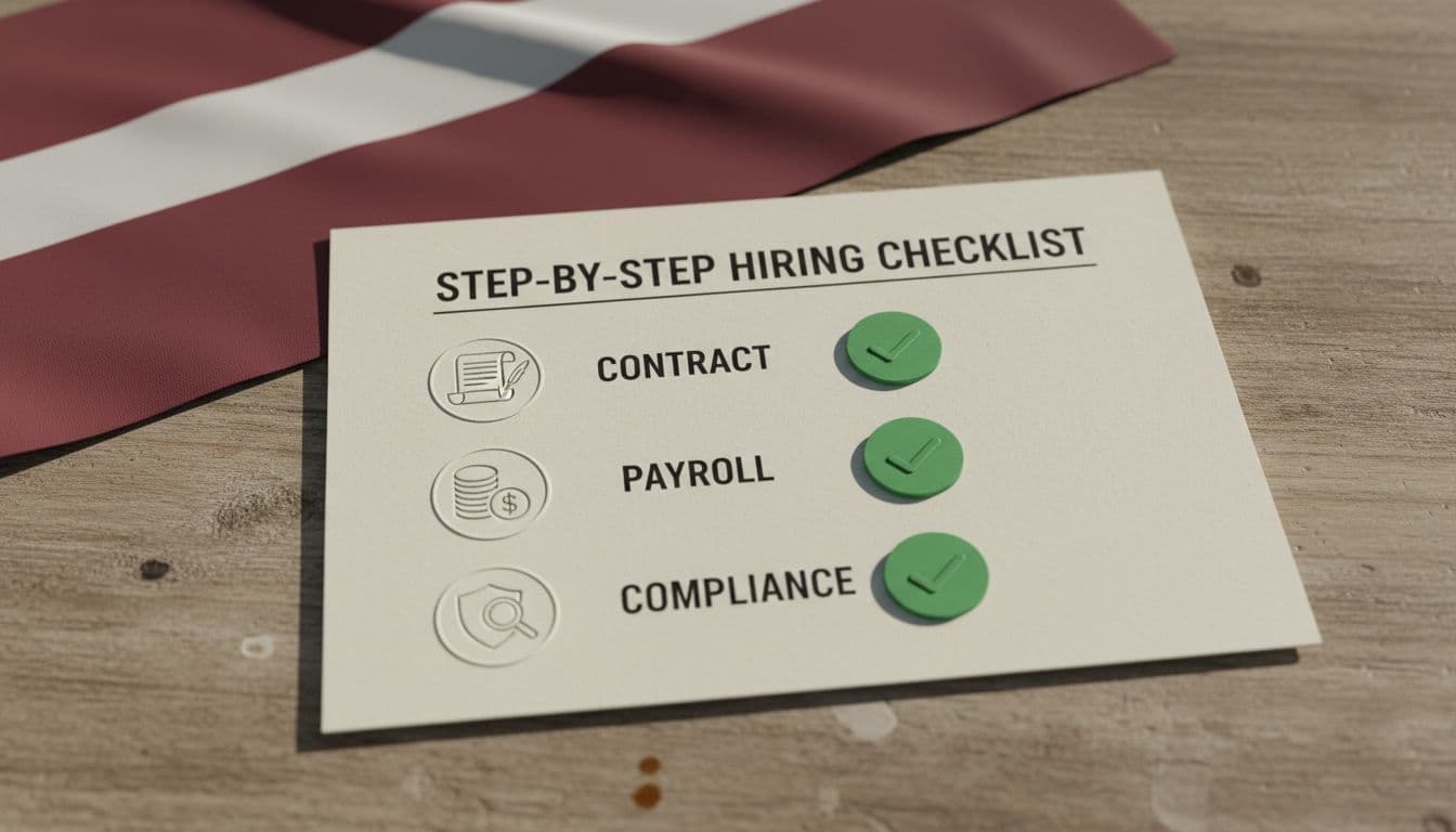 Infographic-style checklist on a wooden desk with contract, payroll, and compliance icons, soft Latvian flag background, top-down realistic photo in natural lighting.