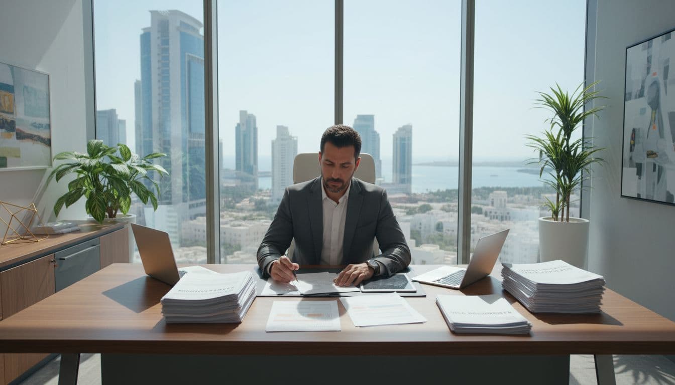 A business professional in a modern Muscat, Oman office reviews employment contracts and visa documents on a desk, with natural daylight illuminating the city skyline view through the window.