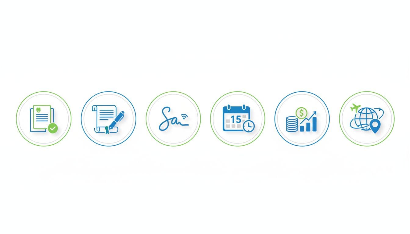 Infographic-style checklist icons for the hiring process, featuring documents, contract signature, calendar, payroll, and international globe in clean modern flat design on white background with subtle Slovenian flag green, white, and blue accents.