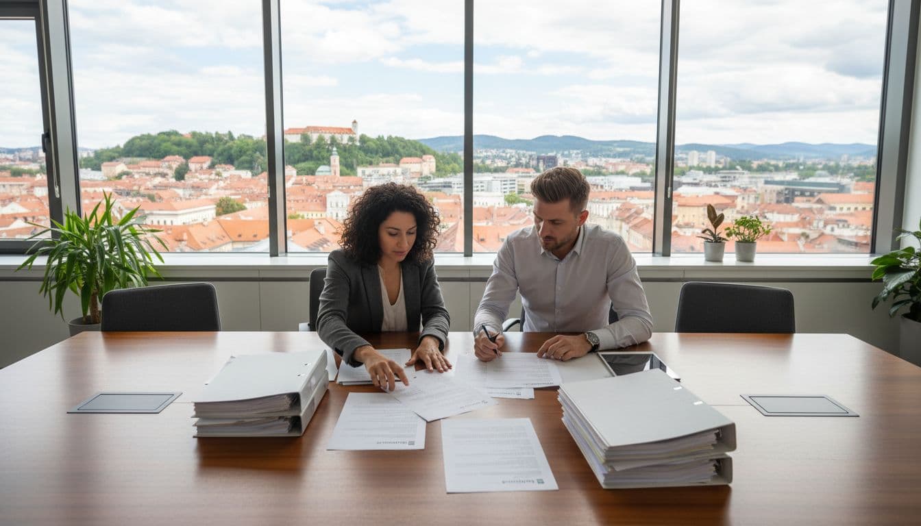 Modern office in Ljubljana, Slovenia, with a man and woman professionals reviewing hiring documents on a table, natural daylight from city-view window, wide-angle focus on collaboration in realistic soft lighting.