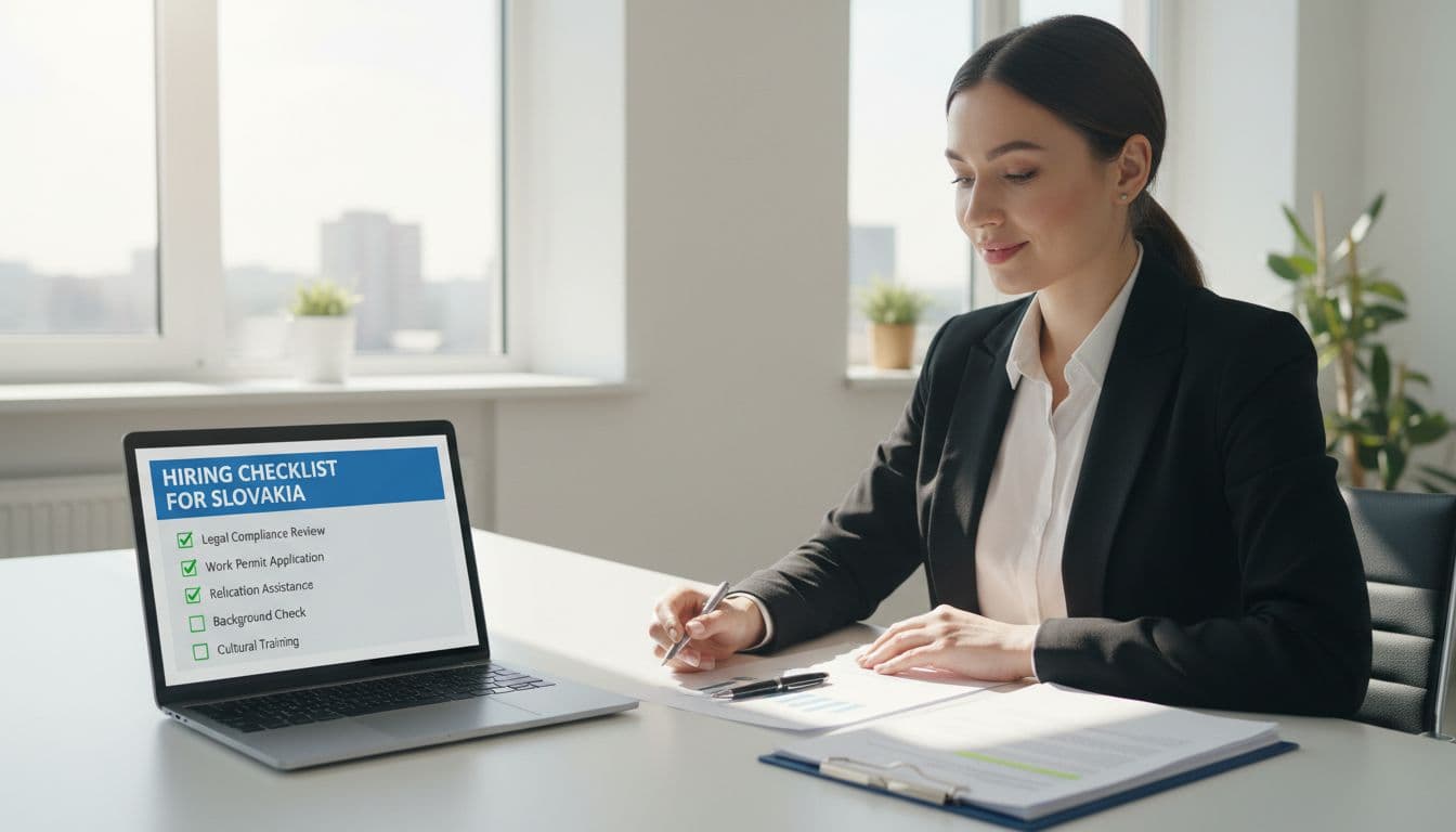A modern professional in a bright office reviews documents and a laptop displaying a step-by-step hiring checklist for international employees in Slovakia, featuring natural daylight, relaxed hands on desk, and clean composition.