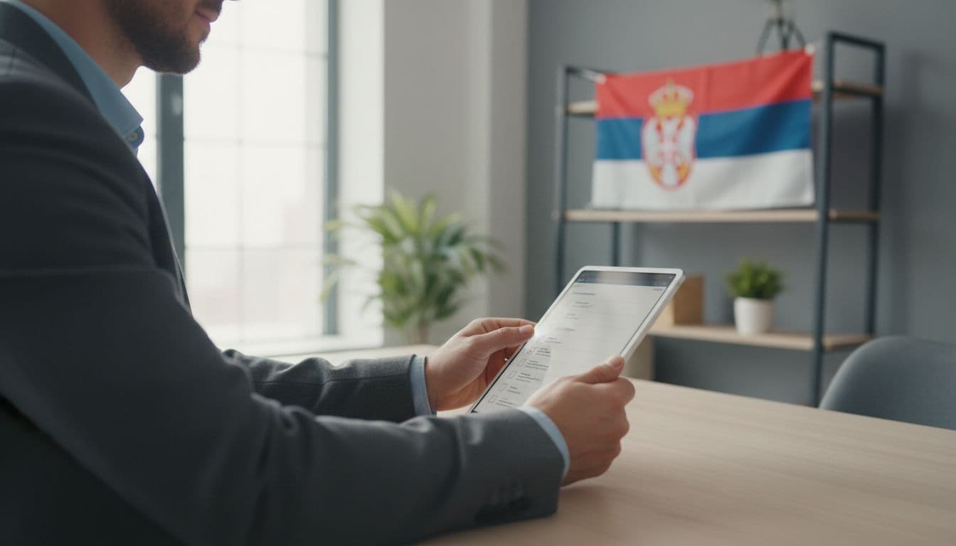 A focused business professional seated at a modern desk checks off items on a digital checklist on a tablet, with a subtle Serbian flag in the background. Realistic photo style in a professional setting with natural lighting, exactly one person holding the tablet relaxed with two hands.