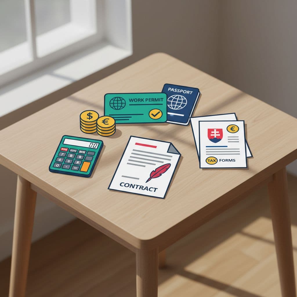 Infographic-style illustration of key compliance icons for hiring in Slovakia, including contract, payroll, tax forms, and work permit, arranged neatly on a table with vibrant colors, flat design, and natural lighting.