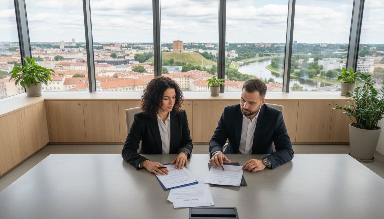 In a modern Vilnius office bathed in natural daylight from a window overlooking the city skyline, two diverse professionals relaxingly review hiring documents on a table. This wide landscape composition in professional realistic style illustrates local hiring compliance benefits.