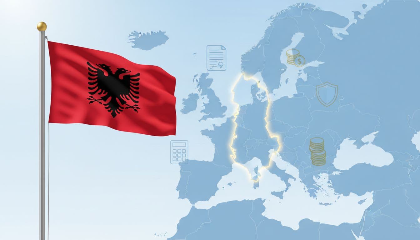 A gently waving Albanian flag overlays a highlighted map of Albania in Europe, with subtle business icons like contracts and payroll floating nearby in a clean, minimalist vector style under bright natural lighting.