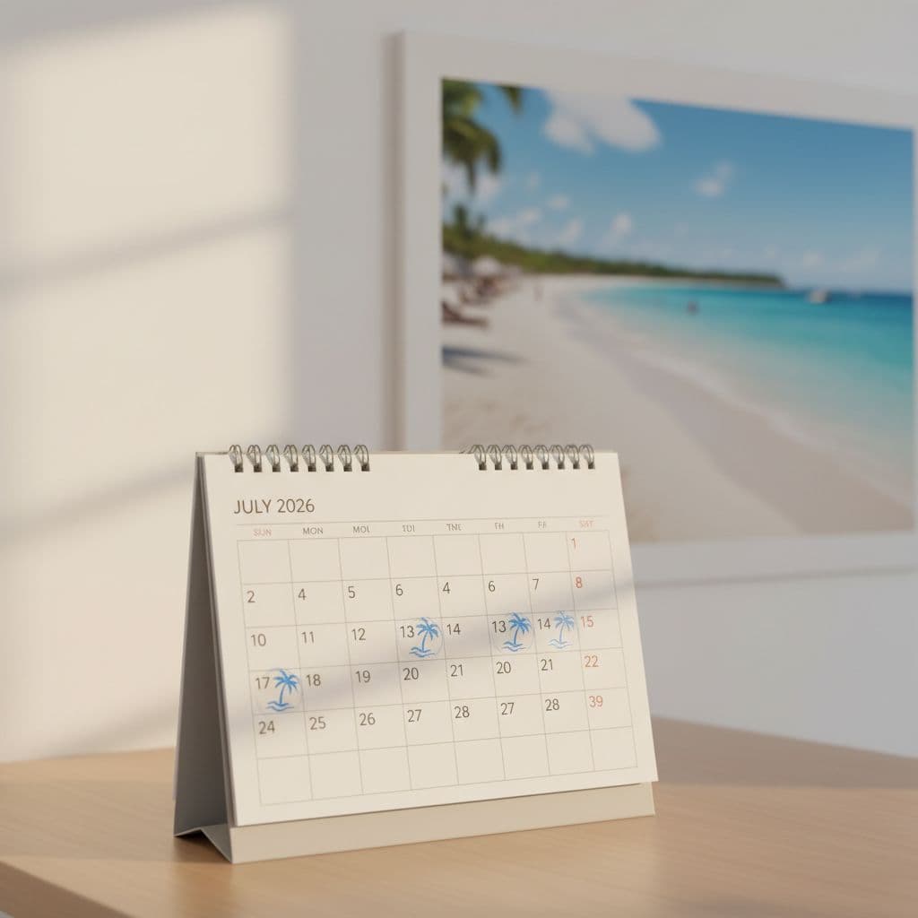 Photorealistic simple office desk with calendar featuring vacation stamps and beach photo background, representing leave time planning under warm lighting, no people, no text, no extra objects.