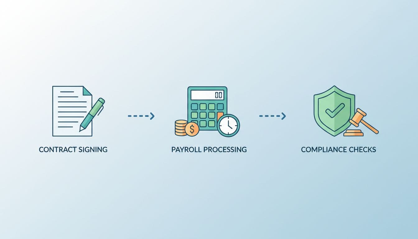 Infographic style icons illustrating steps of a compliant hiring process including contract signing, payroll processing, and compliance checks, arranged in a simple flowchart on a clean background with flat design.