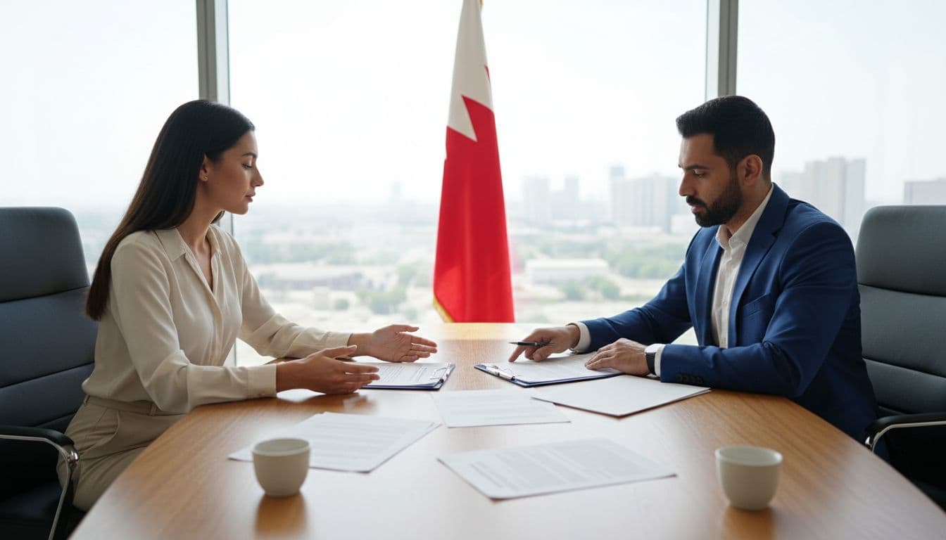 Diverse professionals—one man and one woman—in a modern Bahrain conference room reviewing employment contracts on a table, with the Bahrain flag in the background under natural daylight.