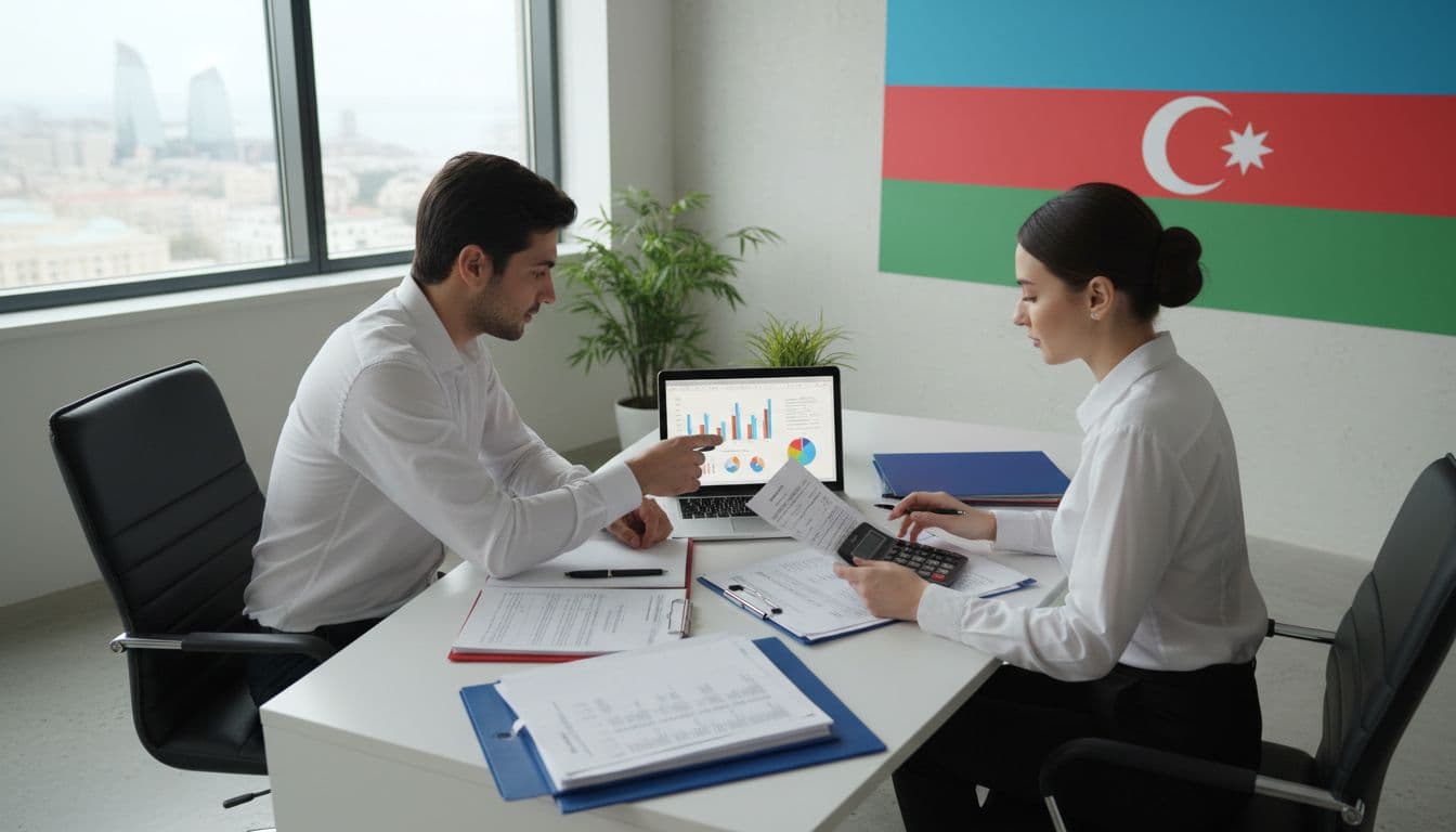 In a modern office in Baku, Azerbaijan, a male and female professional team reviews payroll documents on a desk with charts displayed on a laptop, illuminated by natural daylight from a window and a subtle Azerbaijan flag in the corner.