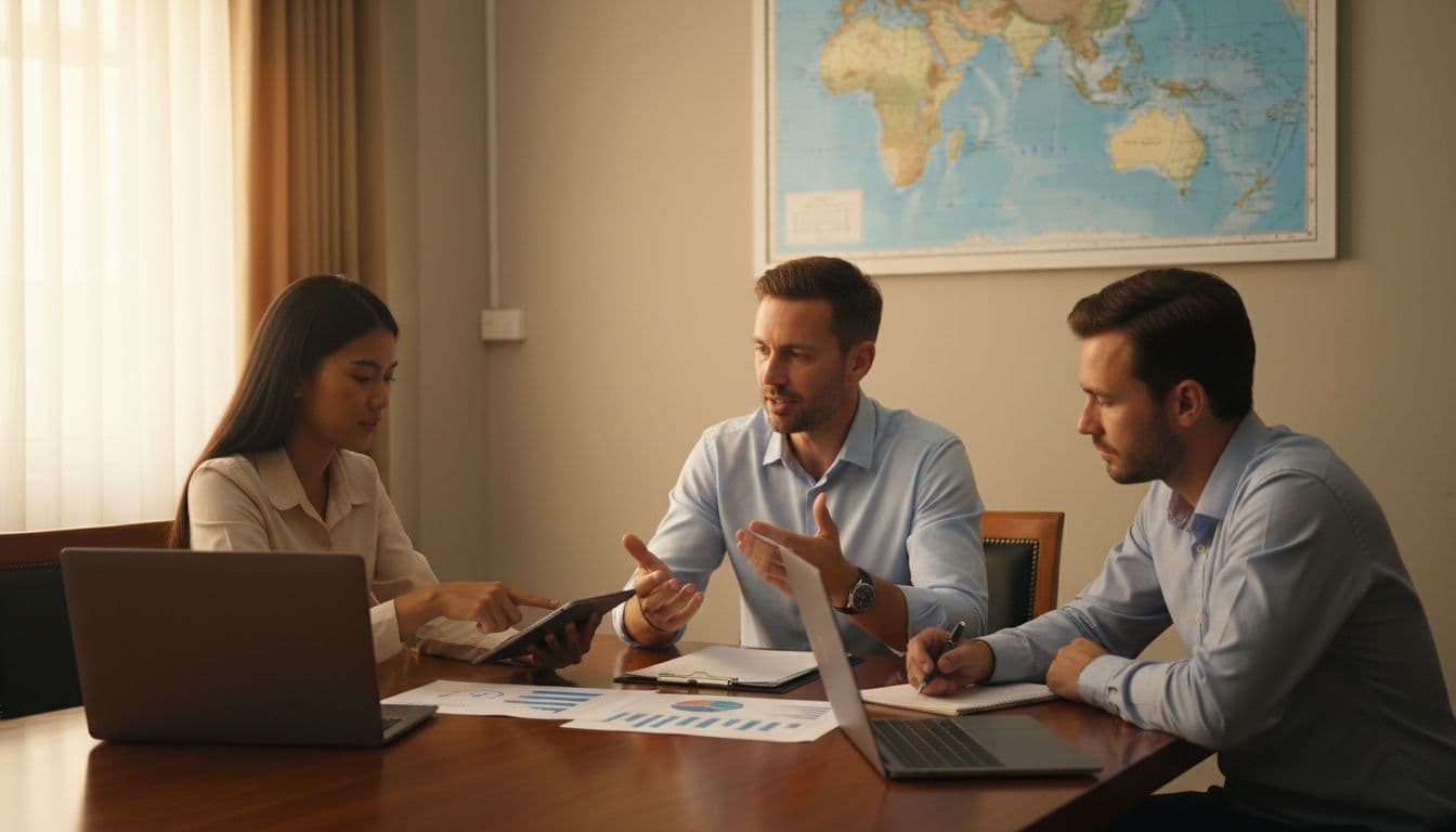 Three diverse professionals sit around a conference table in a simple office, discussing payroll.