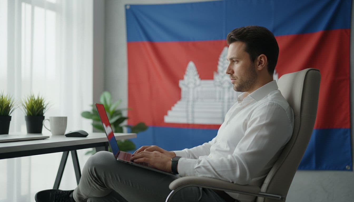 Business professional uses laptop in modern home office with subtle Cambodia flag in background.