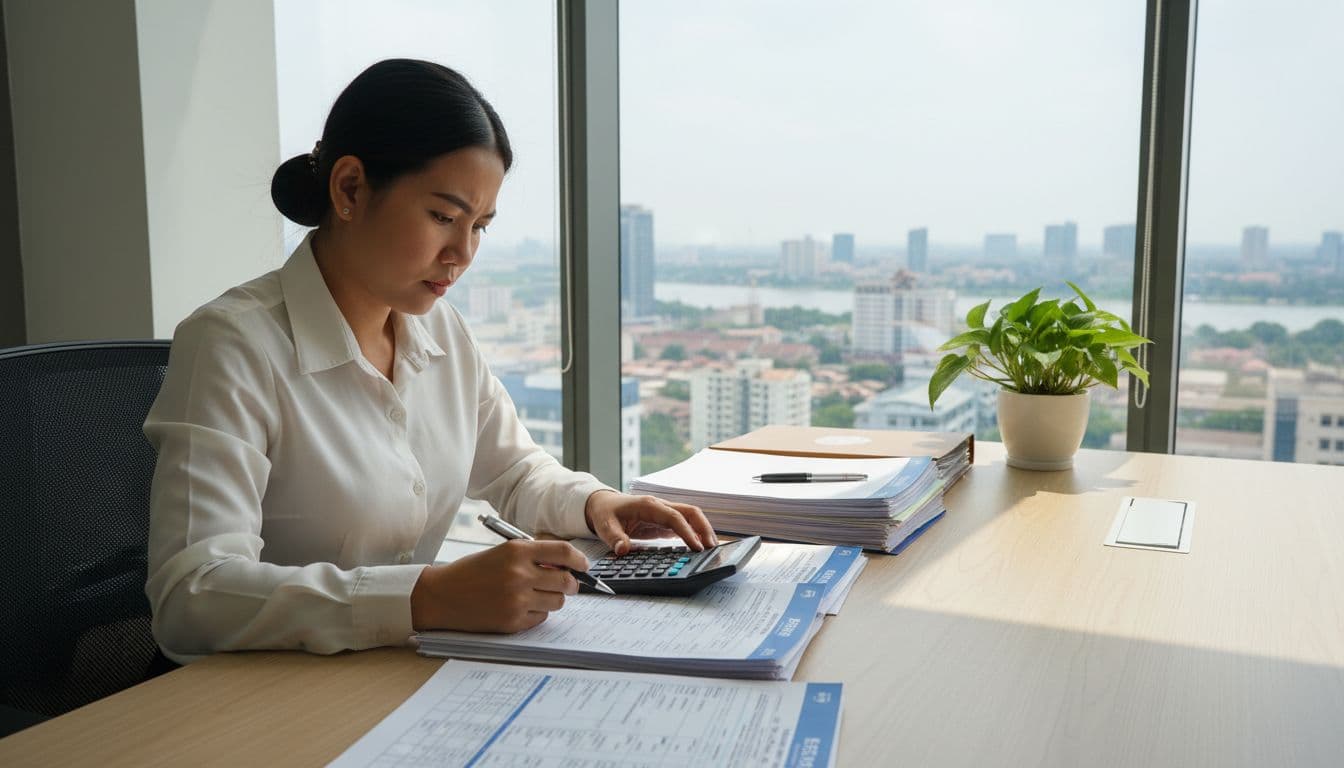 Cambodian office worker at desk examines payroll documents and NSSF forms in modern Phnom Penh workspace with city view.