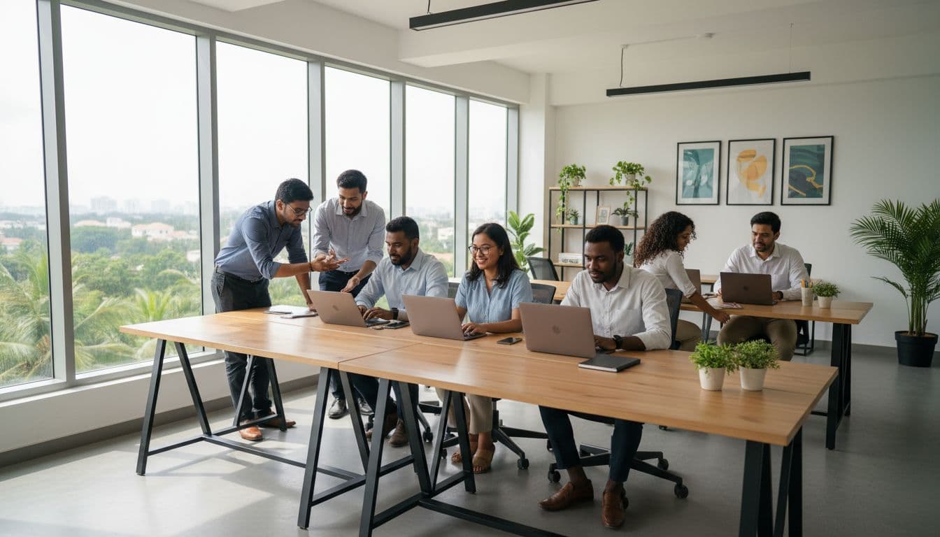 Modern office in Colombo, Sri Lanka featuring exactly six diverse young professionals at desks using laptops in a collaborative atmosphere with natural daylight, realistic photo style.