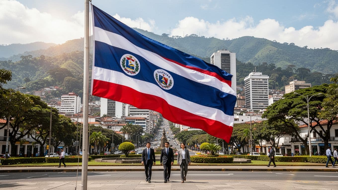 Gently waving Costa Rican flag with San Jose cityscape and green mountains in the background, featuring three distant professional business people on the street below under a sunny sky in vibrant realistic style.