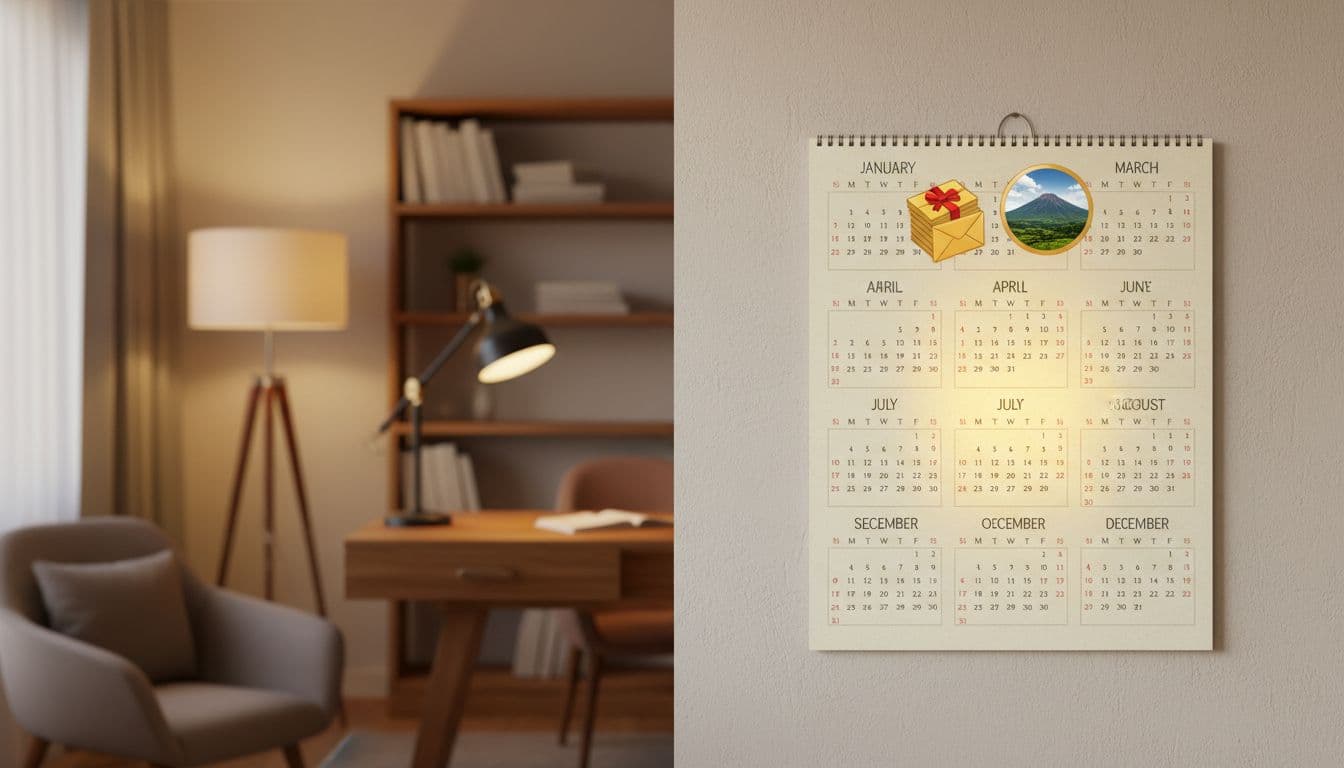 Photorealistic wall calendar highlighting December in a cozy office with warm lighting, money envelopes as bonus icons, and Ecuador landscape view from the window, visualizing year-end bonus payment timing.