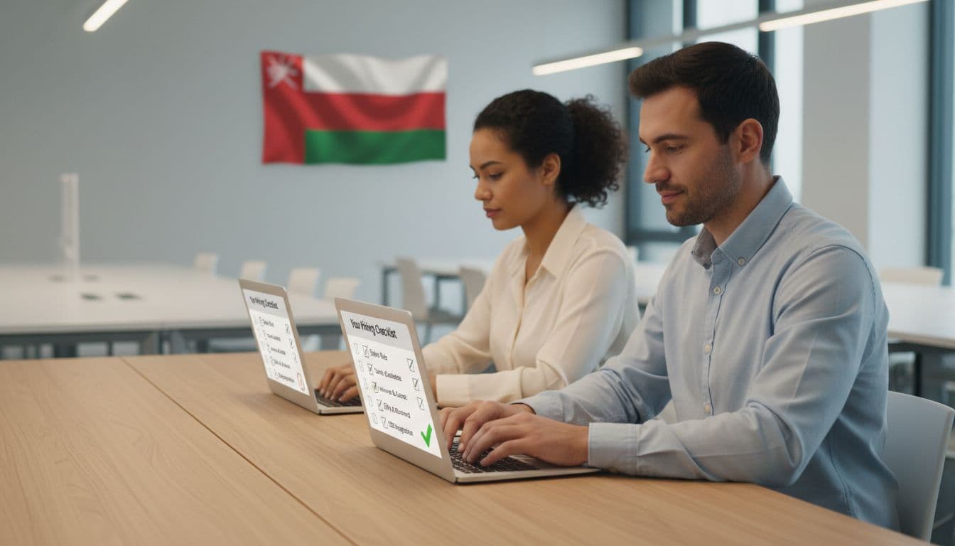 A diverse team of two professionals—one male and one female—checks off items on a digital hiring checklist using laptops in a modern workspace. Subtle Omani flag in the background enhances the collaborative atmosphere with warm lighting.