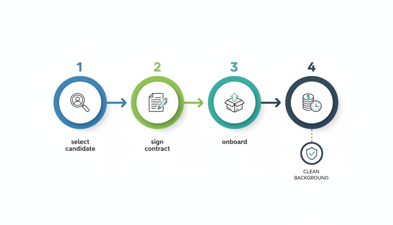 Infographic-style flowchart depicting simple EOR hiring steps: select candidate, sign contract, onboard, and payroll starts, using professional icons numbered 1-4 in a clean modern landscape design with no people or extra text.