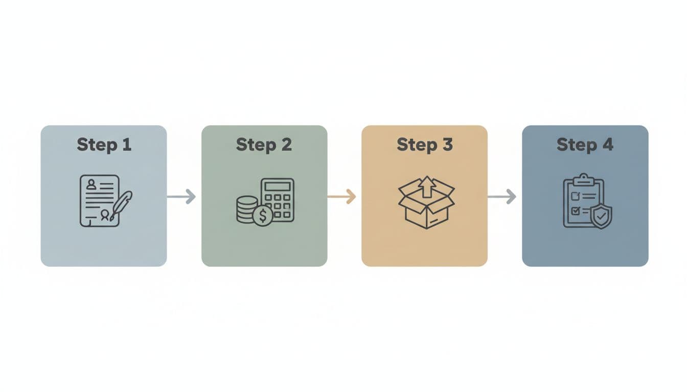 Infographic timeline illustrating the four steps of the compliant hiring process via EOR in Georgia, with simple icons for contract, payroll, onboarding, and compliance check in neutral colors.