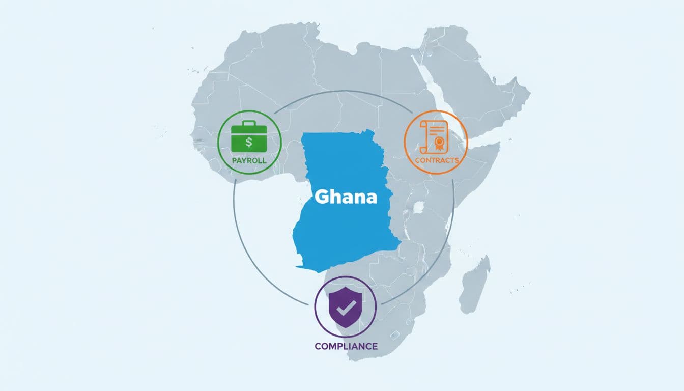Clean infographic map of Africa highlighting Ghana with icons for payroll, contracts, and compliance checkmarks.