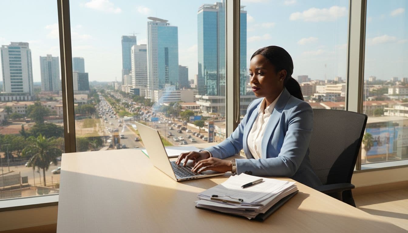 A professional Ghanaian office worker sits at a desk with a laptop and contract documents, featuring a modern Accra business district view through the window under natural daylight in realistic photo style.