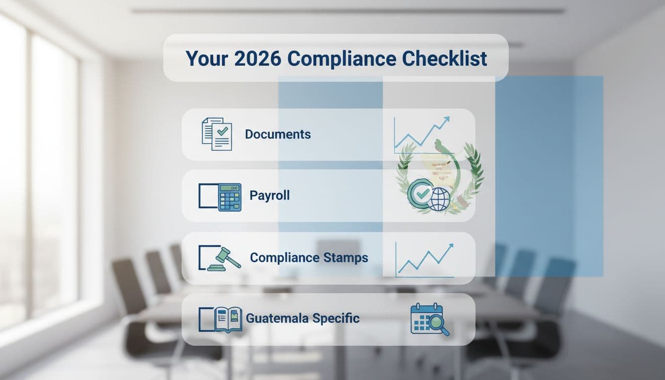 Infographic-style checklist on a whiteboard in a bright conference room with icons for documents, payroll, compliance stamps, and a subtle Guatemala flag in the background, realistic photo with natural lighting.