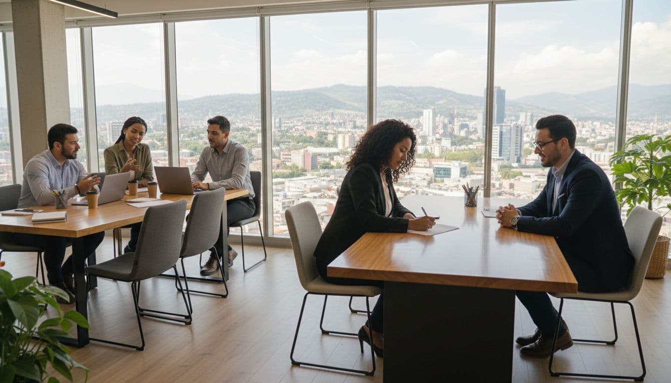 A diverse professional team in a modern Guatemala City office, one person signing a contract at a desk with skyline view, others collaborating at a table with laptops and coffee in bright daylight.