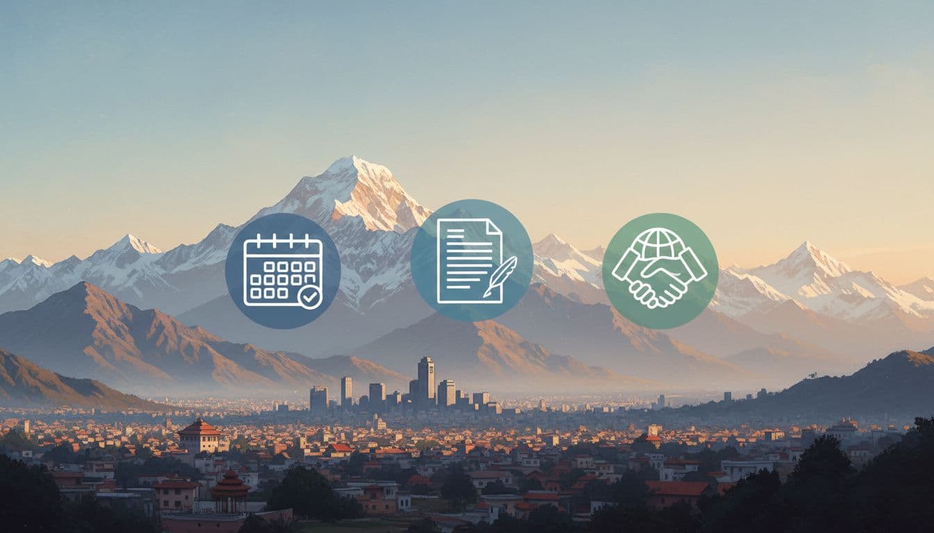 Himalayan landscape shows Kathmandu skyline overlaid with payroll calendar, contract, and handshake icons in soft morning light.