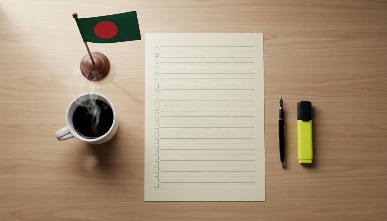 Clean organized blank checklist on a wooden desk with pen, highlighter, coffee mug, and Bangladesh flag in the background, captured in soft natural light with top view flat lay photorealistic composition, no people or text on paper.