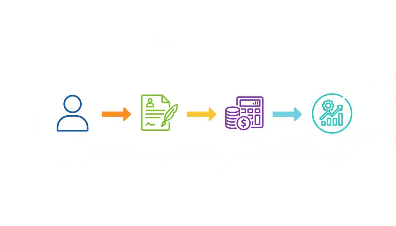 Icons show candidate to contract signing, payroll processing, and management connected by arrows on simple background.