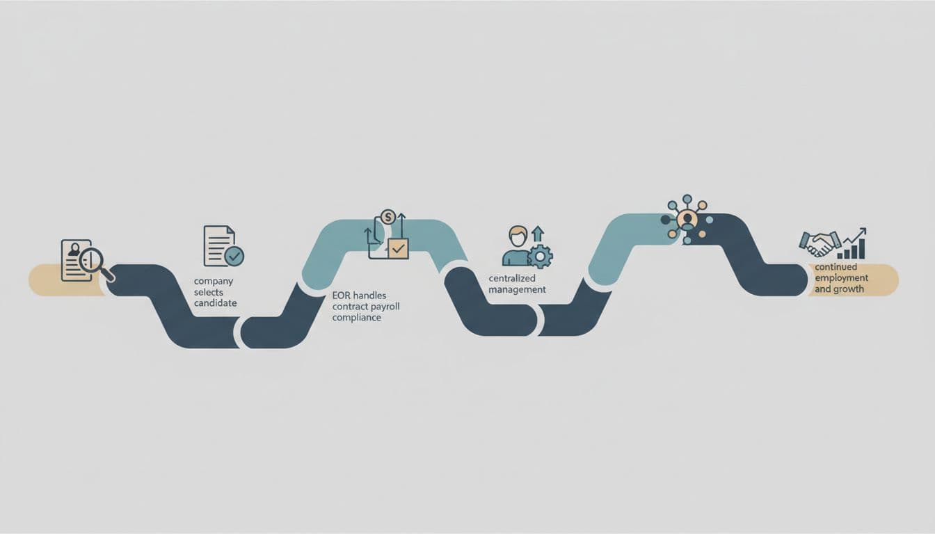 Simple flowchart depicting the steps of hiring via Employer of Record in Iceland: candidate selection, EOR contract and payroll compliance, employee start, and centralized management. Professional infographic in flat design with neutral colors, central path with icons, no text or backgrounds.