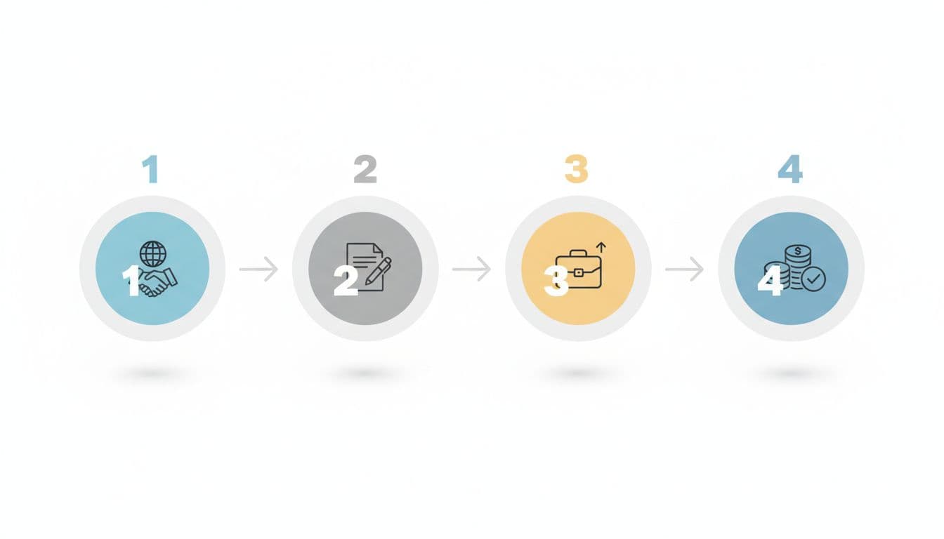 Infographic flowchart showing four steps to hire via EOR in Jordan: select provider, sign contract, onboard employee, payroll compliance. Clean modern vector art with simple icons, neutral colors, landscape orientation.