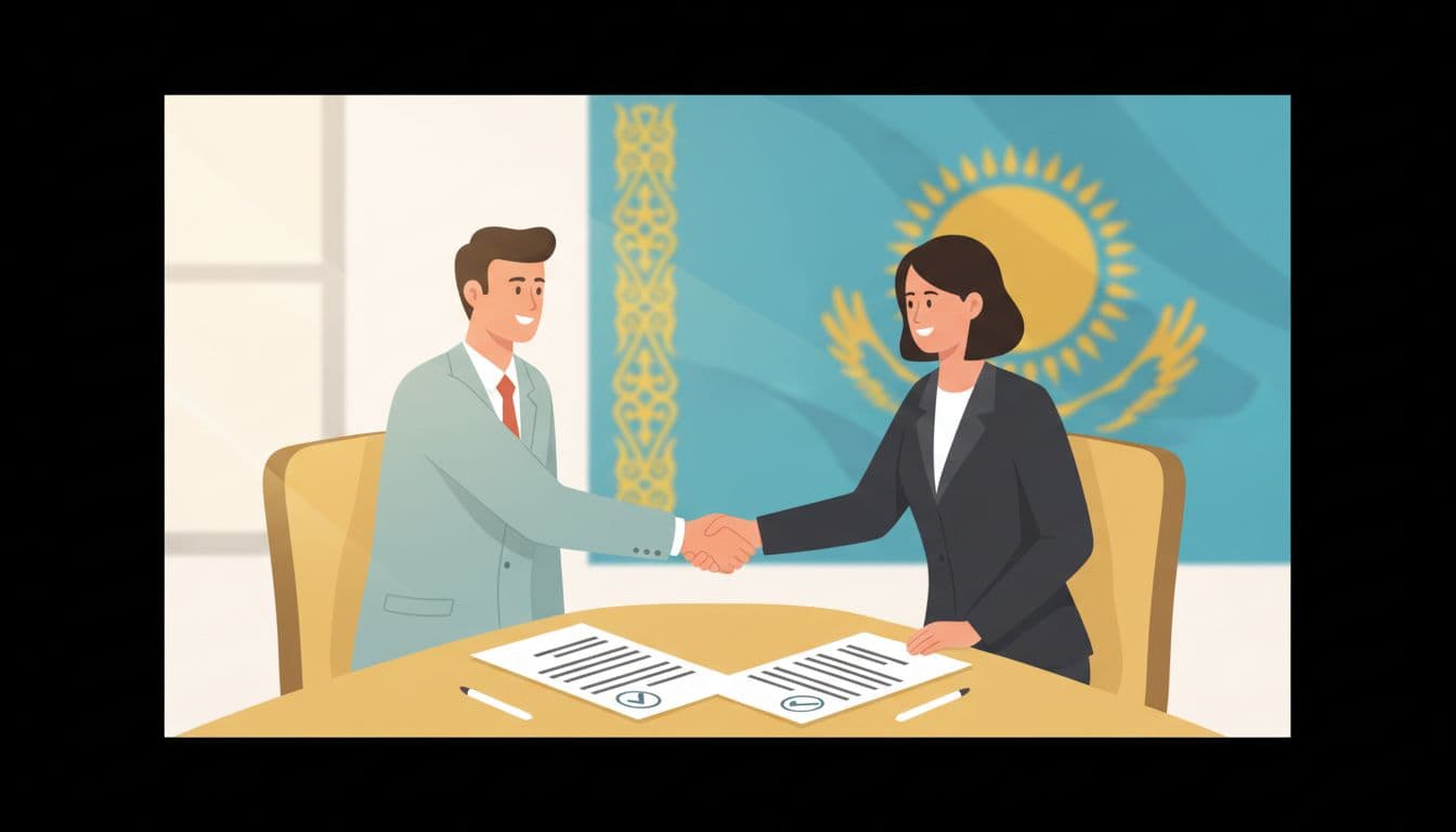 Infographic illustration of two professionals shaking hands over an employment contract in a simple office with subtle Kazakh flag in the background and warm lighting.