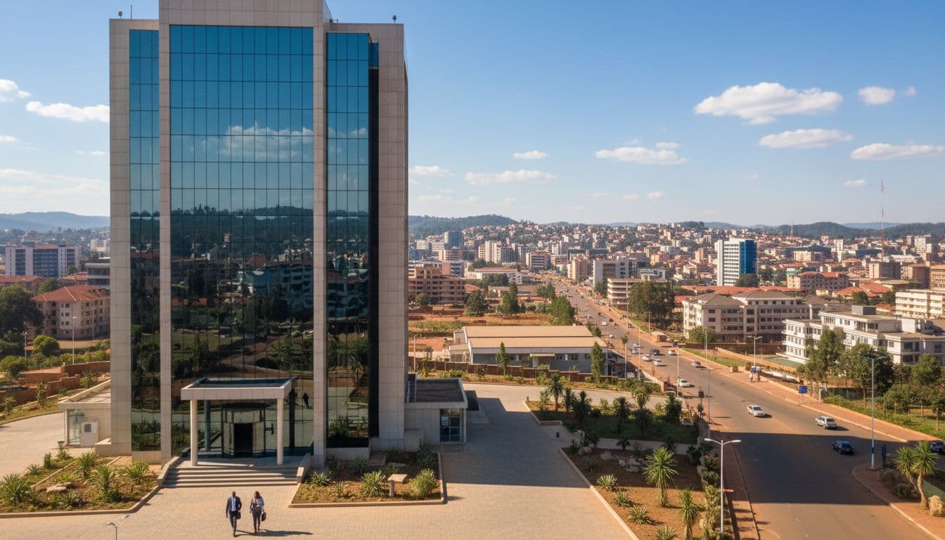 Modern office building in Kigali Rwanda with few people entering during daytime and vibrant city skyline background.