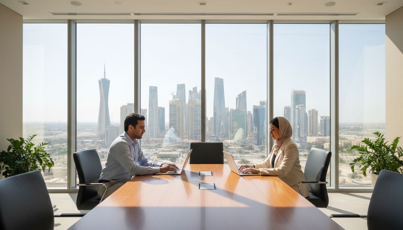 Modern office in Kuwait City with two diverse professionals, one man and one woman, collaborating around a conference table with laptops. City skyline visible through large windows in bright natural daylight, professional welcoming atmosphere, photorealistic style.
