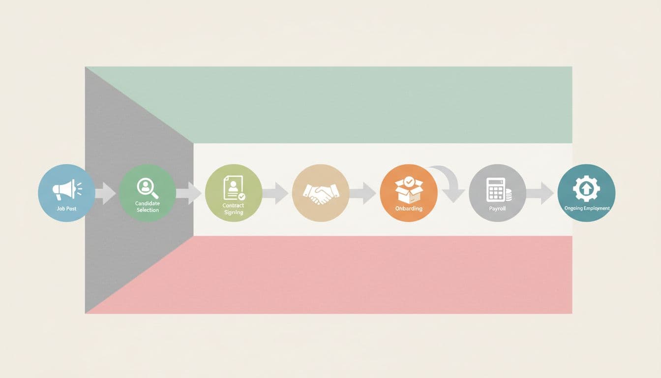 Step-by-step infographic flowchart illustrating the hiring process using a Kuwait EOR, with icons for job posting, candidate selection, contract signing, onboarding, and payroll connected by arrows in a clean flat design.