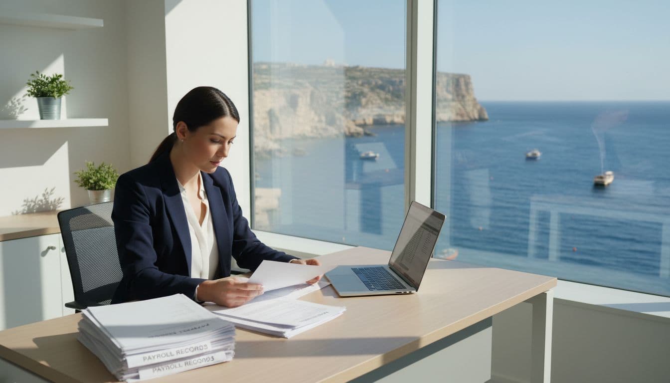A business professional reviews payroll documents and laptop at a modern desk in an office with a window showing Mediterranean sea view like Malta, natural daylight, clean style.