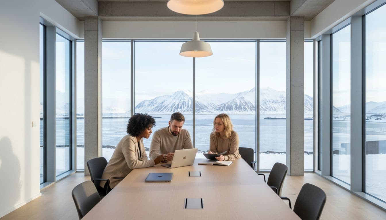 Diverse team of three professionals collaborates around a table in a clean minimalist office in Reykjavik, bathed in natural daylight from large windows revealing snowy mountains outside.