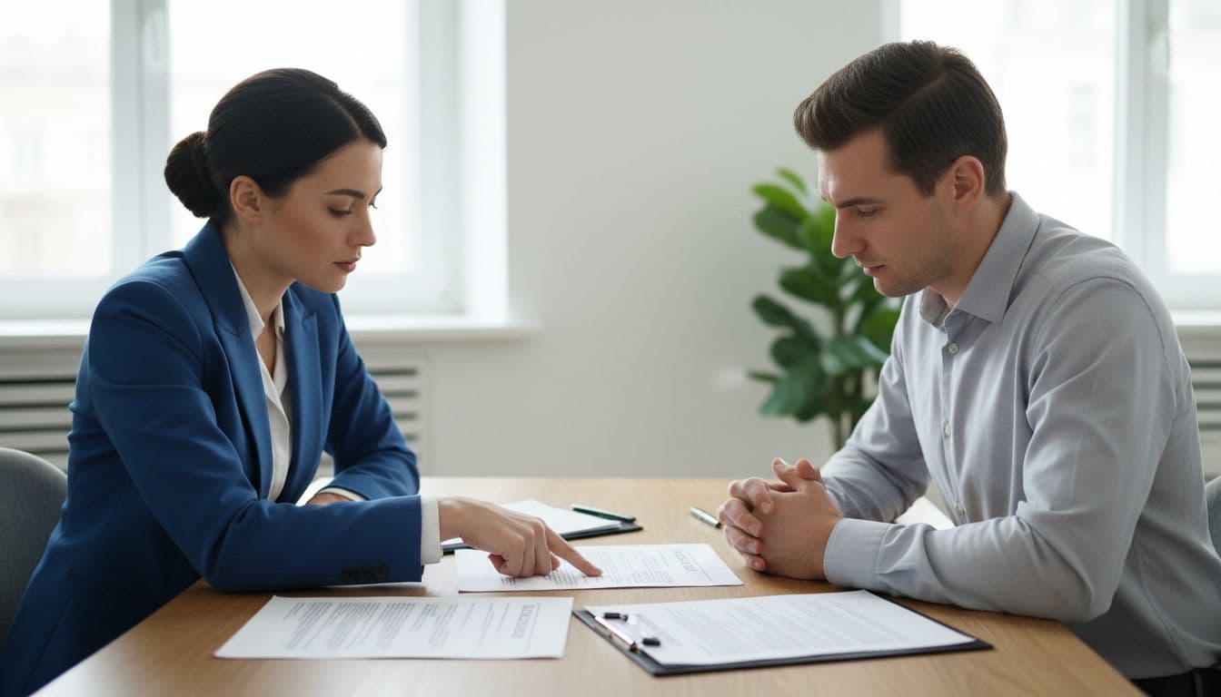 Two professionals in modern office review contracts on table, one pointing to document, daylight from window.