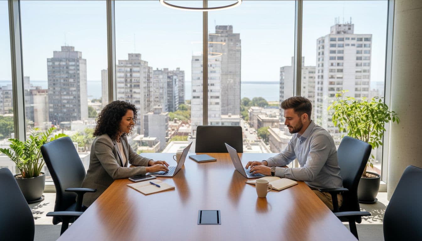 Modern office in Montevideo, Uruguay, featuring a diverse team of two professionals—one man and one woman—collaborating around a table with laptops, city skyline visible through windows under natural daylight.