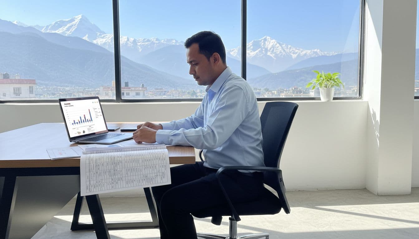 Nepali office worker at desk reviews payroll documents and laptop payslip in modern Kathmandu office with mountain view.