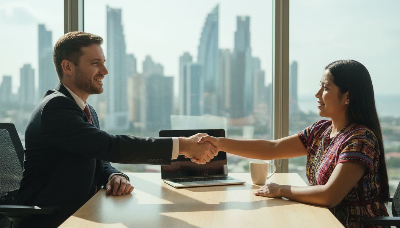 A professional businessperson shaking hands with a local Panamanian employee in a modern office overlooking the Panama City skyline, featuring a simple desk with laptop and coffee mug in natural daylight.