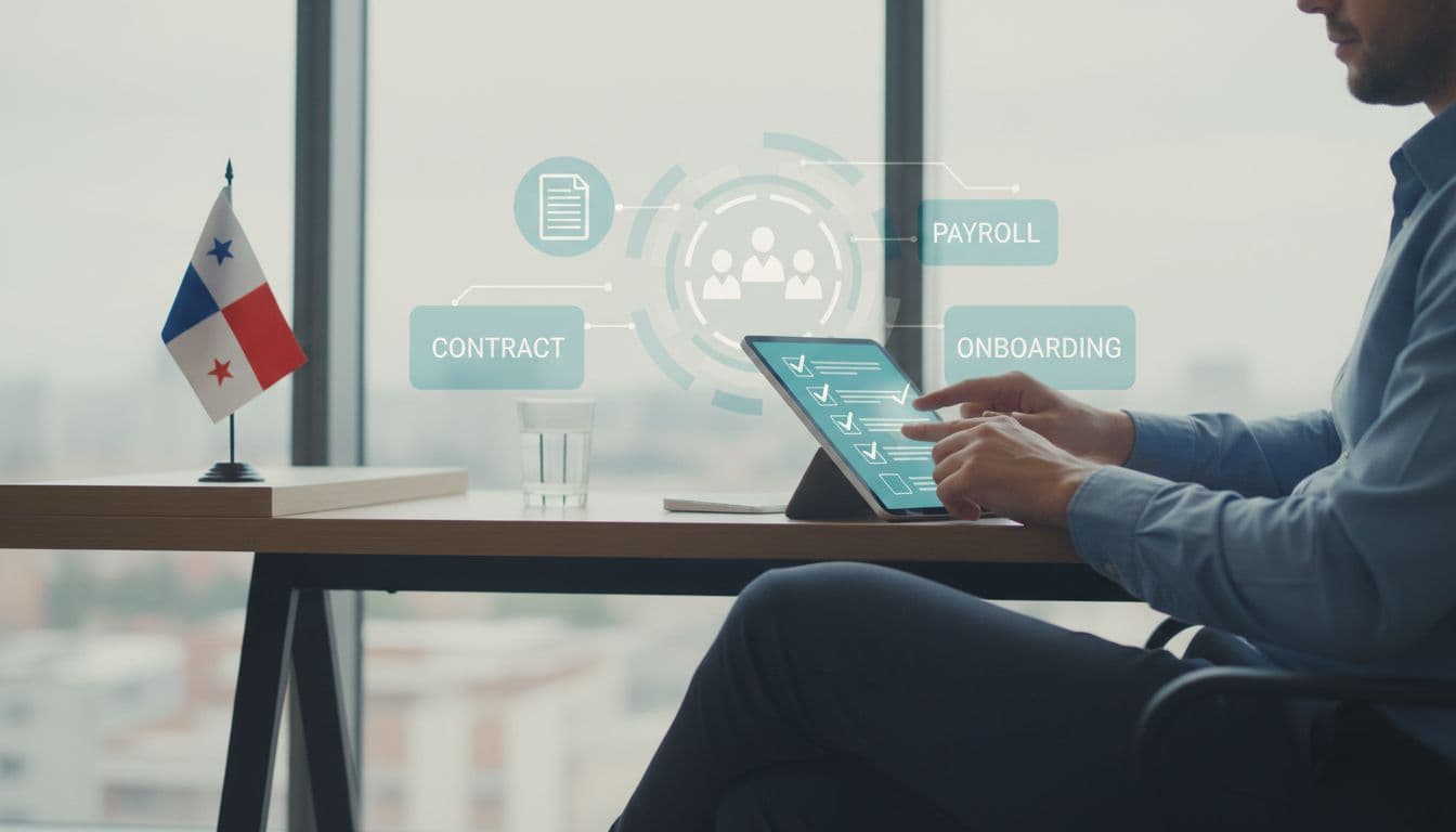 Business team member at desk marking checkboxes on digital tablet with blurred hiring steps icons like contract, payroll, onboarding in modern Panama office with flag on shelf, natural daylight, realistic style.