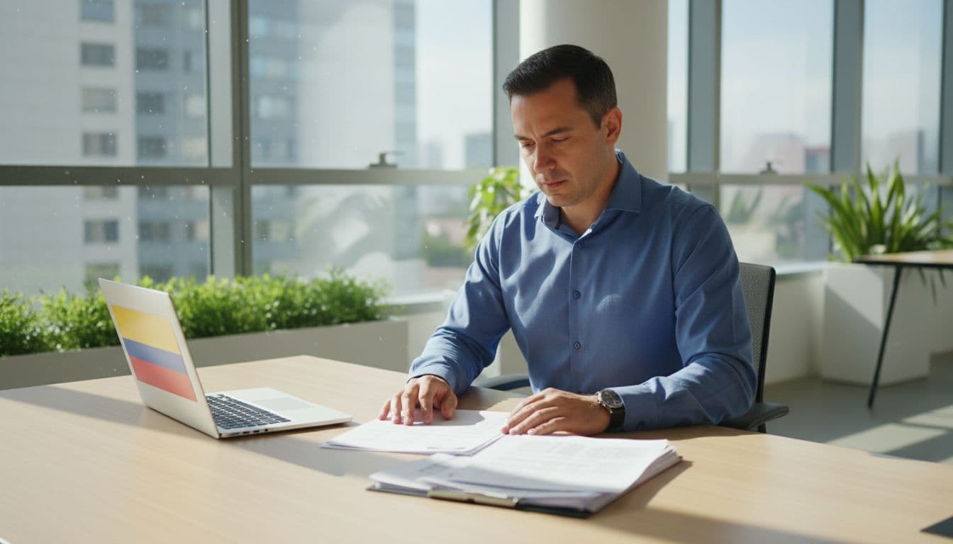 A professional sits at a desk in a modern office, reviewing payroll documents while a laptop subtly shows the Ecuador flag in the background. Natural daylight lighting, realistic style, one person only.