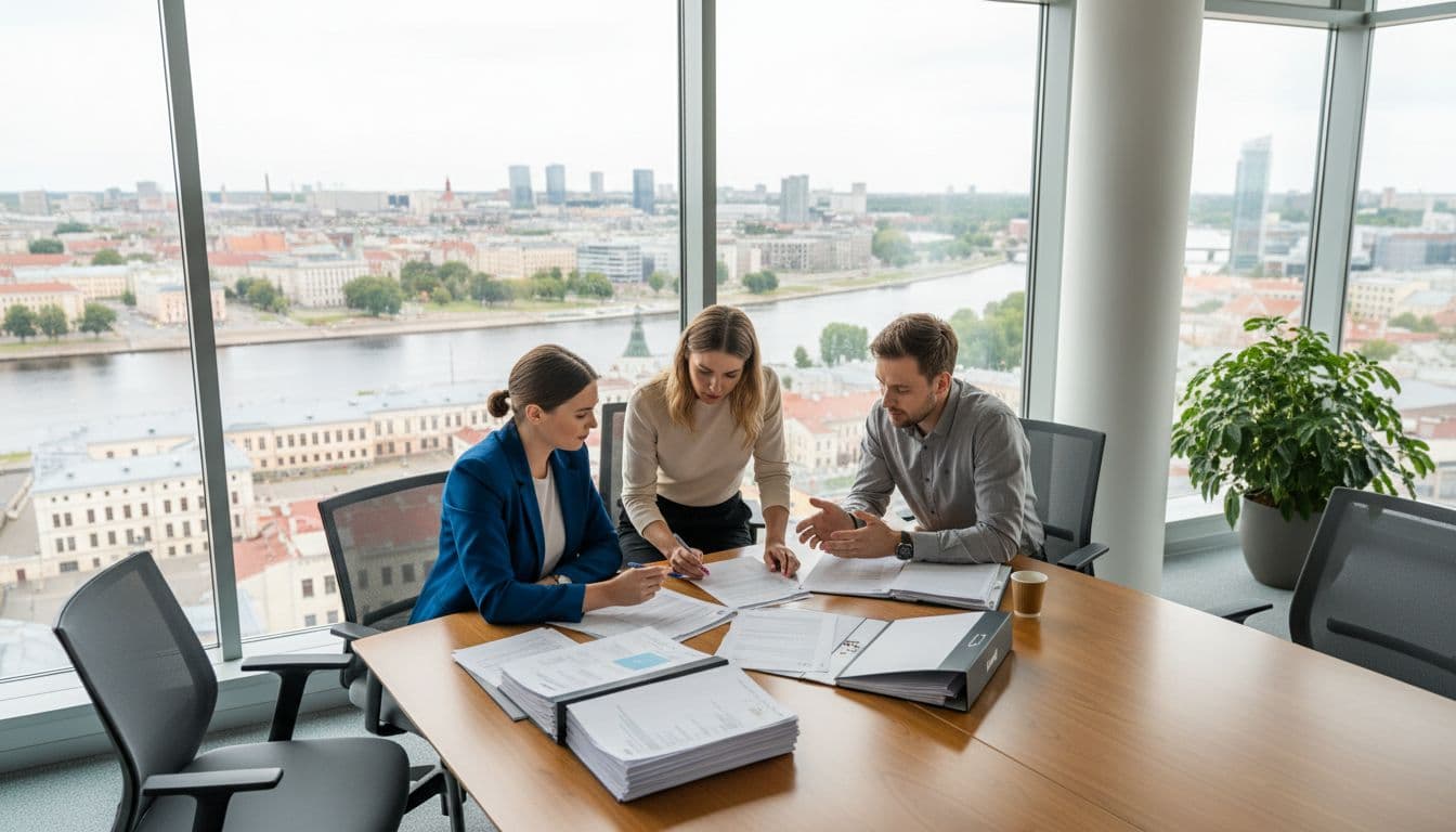 A diverse team of three professionals, two women and one man, reviews hiring documents at a table in a modern Riga, Latvia office with city skyline view through the window and natural daylight.