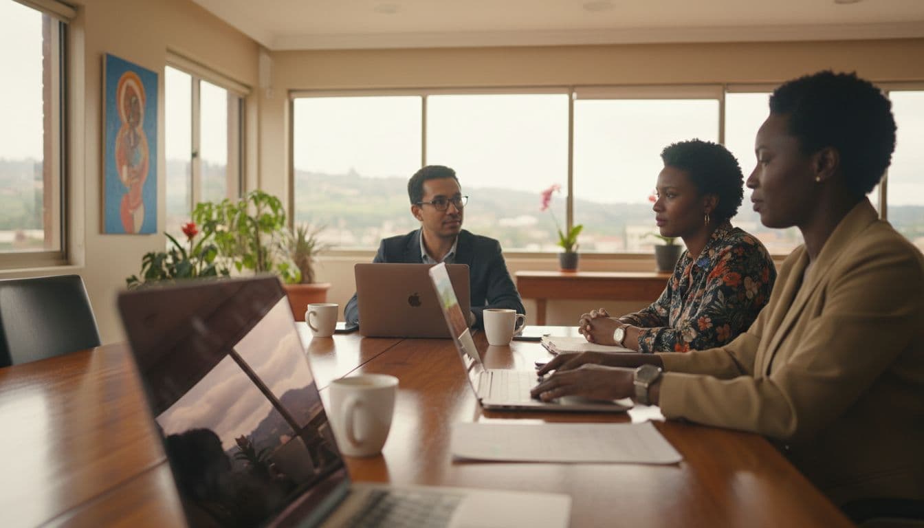 Three professionals discuss work around a table with laptops and coffee in a bright office.